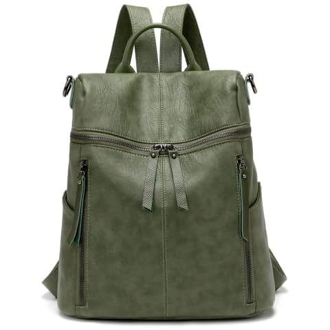 2 in 1 PU Leather Backpack and Shoulder Bag for Women Girls, Anti-Theft Daypack School Bag Casual Multipocket Lightweight Large Bag for Work School and Travel, Green, One Size Cover