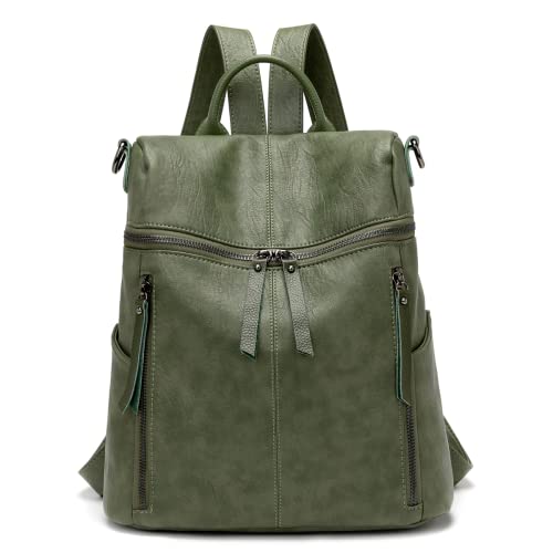 Sac à Dos en PU Cuir 2 en 1 Backpack et Sac à Bandoulière pour Femme Fille, Anti-vol Daypack Sac d'école Décontracté Multipocket Léger Grande, Sac pour Travail École et Voyage (Vert)
