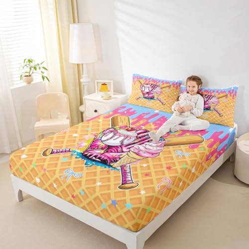 Image of Castle Fairy Baseball Cream Bed Sheets Queen Size,Ball Dessert Cherry Plaid Bedding Set, Kawaii Sport Game Boys Girls Room Decor,Pink Bule Yellow Sheet(Fitted+Flat+2 Pillowcases)