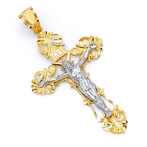 14k REAL Two Tone Gold Religious Crucifix Jesus Cross Charm Pendant