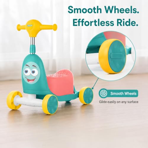 Image of ZIVY Orry Rider 2in1 Kids Scooter & Ride-On Toy Car | Convertible Stand & Drive Scooter | Extra-Wide Comfort Seat, Stainless Steel Stem, Easy Steering & Smooth Wheels for Indoor /Outdoor (Cyan)