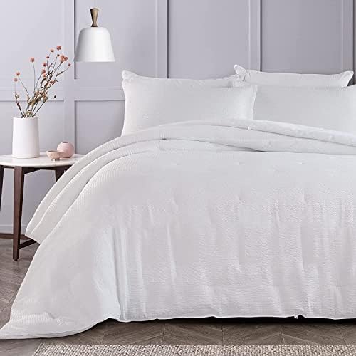 HOMBYS 3 Piece Seersucker Oversized King Comforter Set 128x128, Breathable White Soft Comforter Set, Lightweight Bedding Comforter Sets with Comforter for All Season