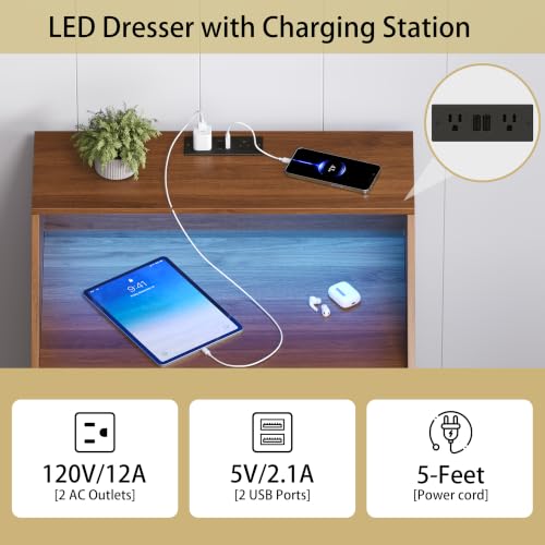 Image of Wodeer Walnut Dresser 3 Drawer Nightstand, Wood Night Stand with LED Lights, Charging Station, Metal Handles, Modern Storage Cabinet and Organizer Drawers for Living Room, Hallway