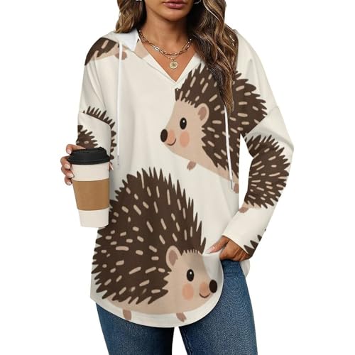 Womens Bodysuit Cute Hedgehogs Art T Shirts Long Sleeve Hoodie V Neck Pullover Tops, 2026