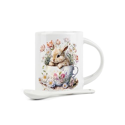 Purely Home Bunny Rabbit Mug and Spoon Set - Floral Teacup Design Ceramic White Coffee/Tea/Hot Chocolate Mug with Spoon in Handle - Image 2