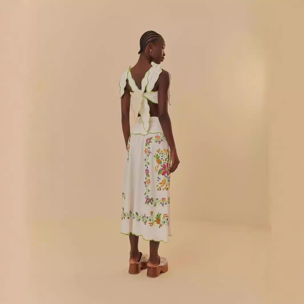 Women's Sleeveless Square Neck Backless Bow Suspender Dress, Floral Embroidery Dress, Long Skirt - Image 4