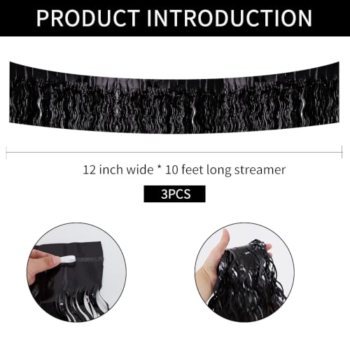 Image of BEISHIDA 3 Pack Black Wavy Foil Fringe Garland 30ft Tinsel Wall Decor