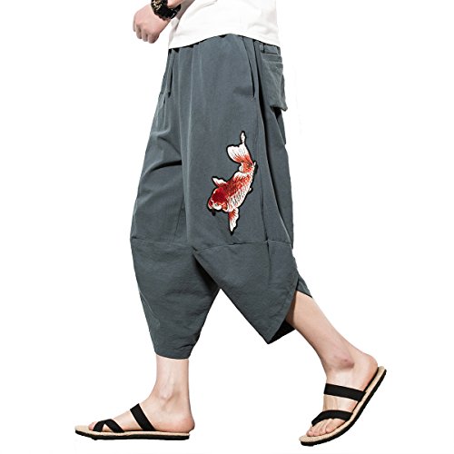 INVACHI Men's Harem Capri Pants Elastic Waist Loose Fit Drawstring Beach Yoga Trousers with Pockets A-Grey