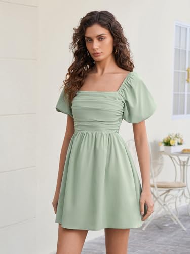 Image of Women Puff Sleeve Graduation Short Dress | Square Neck A Line Casual Sundress Beach Wedding Guest Mini Dress