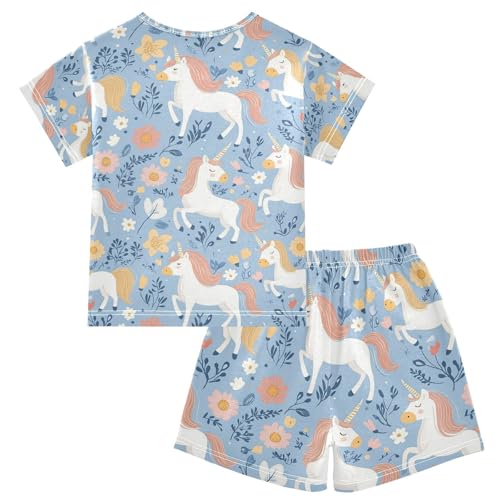 ALAZA Flower Unicorn Blue Cartoon Pajamas Set Short Sleeve Cotton Sleepwear Summer Pjs 2 Piece 5-14Y2