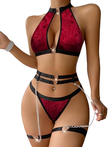 Image of Foxiny Sexy Halter Heart Ring Cutout Chain Floral Lace Sheer Garter Belt Lingerie Set 3 Piece