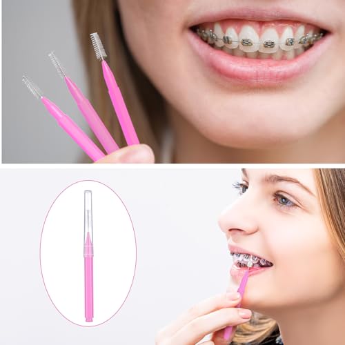 Image of Patelai 100 Pieces Braces Dental Brush for Cleaner Interdental Toothpick Dental Tooth Flossing Head Oral Hygiene Flosser Toothpick Cleaners Tooth Tool(Light Pink,Suitable Size)