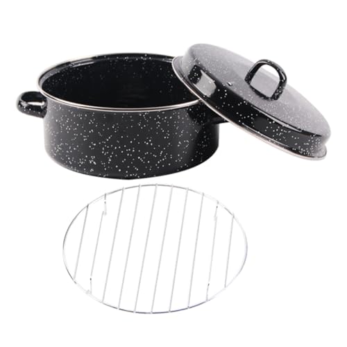 Enameled Roasting Pan with Lid, Black Enamel Roaster for Baking