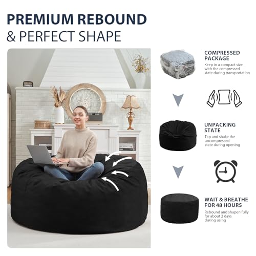 4FT Bean Bag Chair, Large Bean Bag Chairs with Memory Foam Filled, Fluffy Beanbag Sofa with Dutch Velvet Cover, Round BeanBag Chairs for Living Room, Playroom - Black