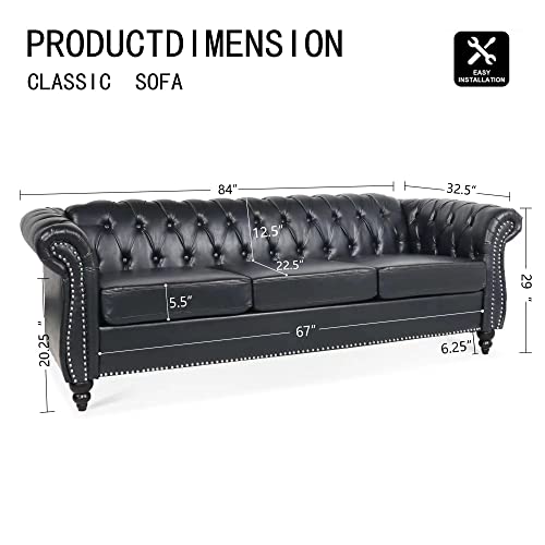 3 Seater Chesterfield Leather Sofa With Tufted Back, Rolled Arms And Nailhead Trim For Living Room, Office, Apartment - 84" Long (Black) #TOP1