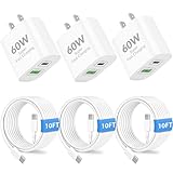 iPhone 17 16 15 Pro Max Charger Fast Charging, 3 Pack 60W Dual Port USB C Wall Charger Block with 10FT Long Type C Charging Cable Cord for iPhone 17/17 Pro Max/Air/16/15/Plus/Pro Max, iPad, AirPods