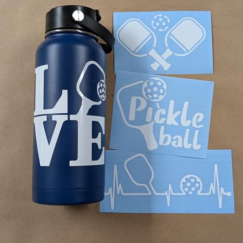 Image of Pickleball Decals 4 Pack: Pickle Ball, Pickleball Heartbeat, Paddles and Pickleball, Love Pickleball Decals (White, Large ~5 inch)