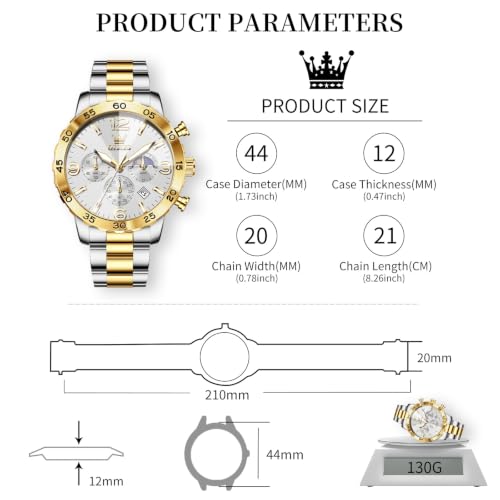 Image of OLEVS Men's Watch Luxury Sun-noon Phase Waterproof Dress Chronograph Analog Quartz Stainless Steel Multifunction Fashion Watch with Date, Big Dial 44mm, Luminous Hands Scales