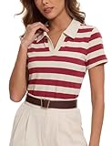 Women Striped Old Money Golf Tennis Polo Collared Cotton Colorful Tops Short Sleeve Spring Cute Going Out Valentine's Day (Red and White, X-Large)