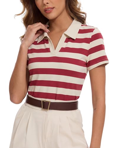 Women Striped Old Money Golf Tennis Polo Collared Cotton Colorful Tops Short Sleeve Spring Cute Going Out Valentine's Day (Red and White, X-Large)