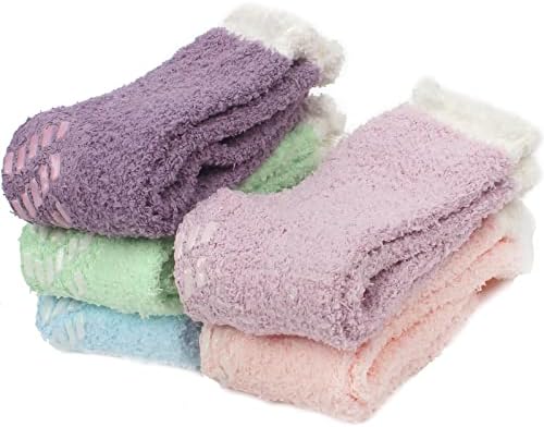 Fluffy Slipper Socks for Women - 5 Pairs Warm Bed Socks with Grips Soft Thermal Non Slip Cosy Fuzzy Socks for Home Sleeping