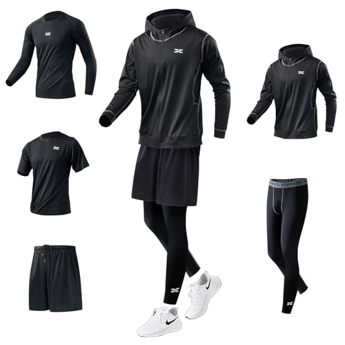 [Ademe] メンズ コンプレッションウェア 上下セット トレーニングウェア 通気防臭 スポーツウェア ランニングウェア パーカー 長袖シャツ 半袖シャツ ハーフパンツ タイツ 吸汗速乾の画像