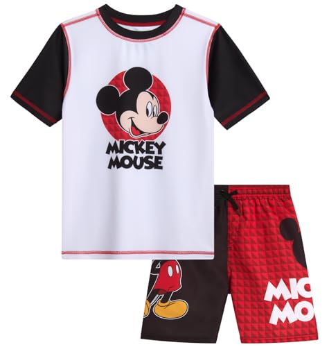 Disney Boys Rash Guard Set - 2 Piece Mickey Mouse, Cars Lighting McQueen, and Buzz Lightyear UP50+ Swim Set for Boys (2T-7), Size 3, White/Black/Red Mickey
