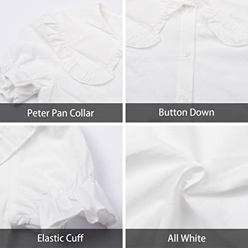 Image of LittleSpring Girls Short Sleeve Peter Pan Blouse with Elastic Cuffs