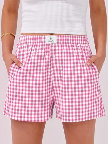 Image of ANRABESS Boxer Shorts for Women Gingham Pajama 2026 Summer Casual Lounge Sleep Plaid Shorts Y2K Beach Bottoms