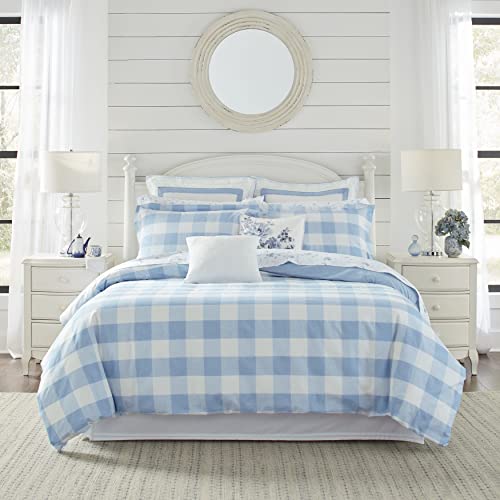 Laura Ashley Home - Juego de Funda de edredón Individual, Ropa de Cama Reversible de algodón con Fundas a Juego, Cuadros a Cuadros, decoración del hogar de Granja (Twin), Azul Cynthia/Blanco Cover