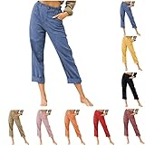 ZunFeo Summer Linen Capris for Women Button Waist Mid Rise Solid Linen Pants Casual Loose Beach Pant