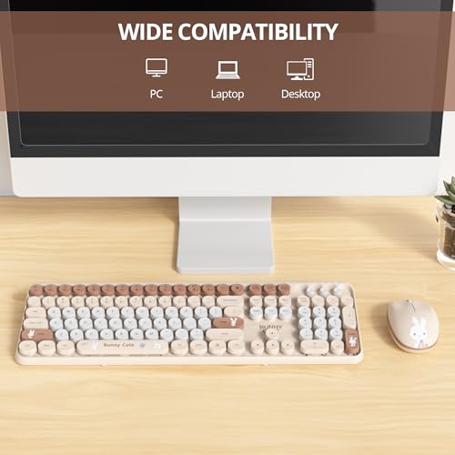 Image of Owpkeenthy Cute Beige Keyboard and Mouse Wireless, Colorful Keyboard Retro Typewriter Style Full-Sized with Number Pad Round Keys for Desktop, Laptop and Computerr (Bunny Beige)