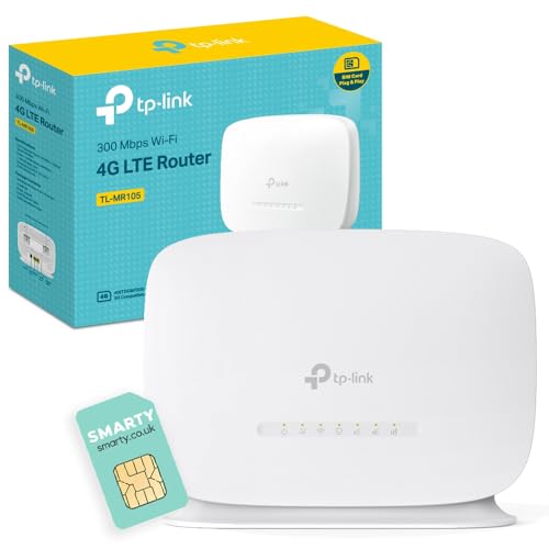 TP-Link TL-MR105 WiFi 4G Router with Free SIM Card, N300Mbps Wireless 4G Cat4 LTE Network, Single Band, Ethernet Port, Mobile WiFi Router, External Antenna, Plug & Play N300 Mbps | SIM Card