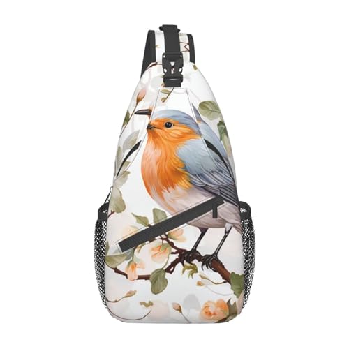 OUSIKA Floral Print Watercolor Robin Bird Sling Bag Lightweight Chest Bag Crossbody Bag Shoulder Bag Sports Backpack For Women Men, Black, One Size