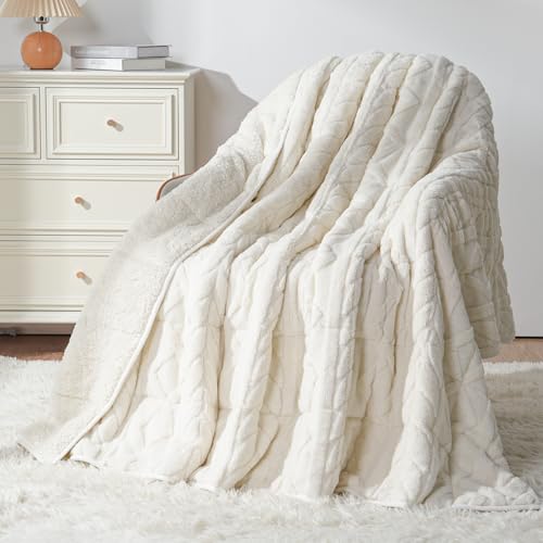 Image of Mr. Sandman Weighted Blanket Queen Size 15 lb, Soft Jacquard Sherpa Weighted Blanket for Adults, Warm Fluffy Heavy Throw Blanket for Relaxing Sleep and Calming Comfort, 60 x 80 Inch, Ivory White