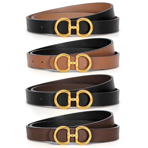 CESCOSI Women Skinny Reversible Leather Belt for Jeans Pants Gold Buckle Thin Ladies Fashion Belt