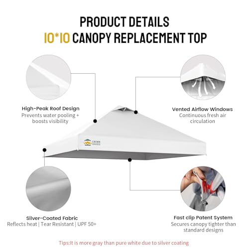 CROWN SHADES 10x10 Canopy Replacement Top - Only Compatible with Crown Shades RM100H Series, Silver Coated with Air Vent, White (Top Only)