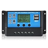OSXCAUES Solar laderegler 10A 12V/24V Automatische Identifizierung PWM Solarregler mit LCD Display Dual-USB für solare Inselanlagen