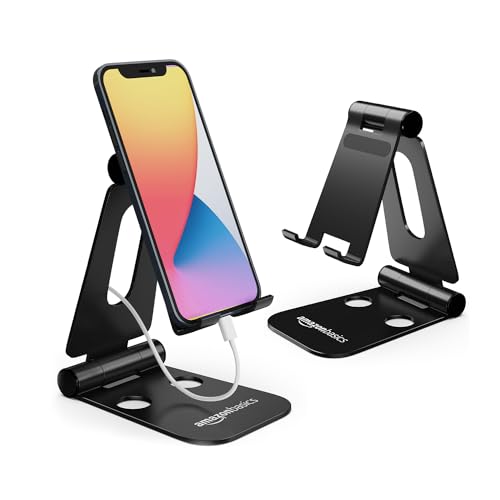 amazon basics Aluminum Adjustable Mobile Phone Foldable Tabletop Stand Dock Mount for All Smartphones, Tabs, Kindle, iPad (Black)