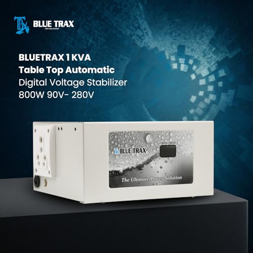 Image of BLUETRAX 1 KVA 800W Voltage Stabilizer | 90V-300V | Automatic Table Top Digital | for Washing Machine & Refrigerator 165-400L | ISI Certified | 10 Years Warranty