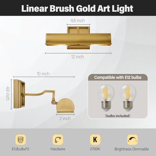 Gold Dimmable Art Picture Light: 12" Brass Hardwired Display Wall Lights - Vintage Art Decor Sconce Lighting Over Pictures Frame - Linear Artwork Light for Gallery Museum Painting E26 Bulbs Included by Feasey - Used condition - Image 3