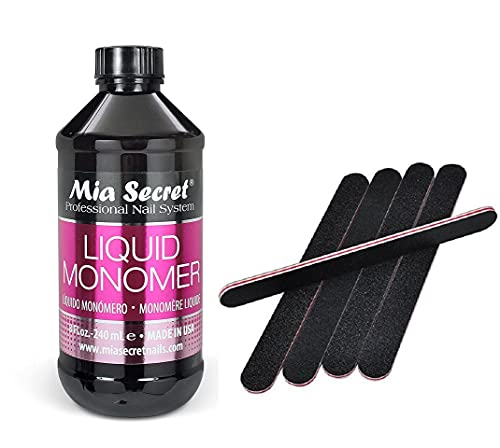 Mia Secret Monomer 8oz + Black Nail File Emery Boards Top-quality (100/180 Grit) - 5Pack