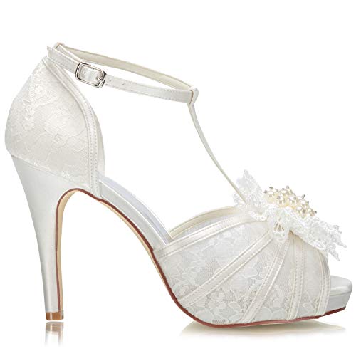 JIAJIA 154813 Women's Bridal Shoes Peep Toe 4.1'' High Heel Lace Satin Pumps Flower Wedding Shoes3