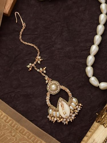 Image of Traditional Cowrie Shell & Pearl Maang Tikka for Haldi Ceremony | Gold-Tone Kundan Beaded Indian Ethnic Maatha Patti with Shell & Pearl Drops | Mehndi Sangeet Wedding Head Jewellery for Women & Girls