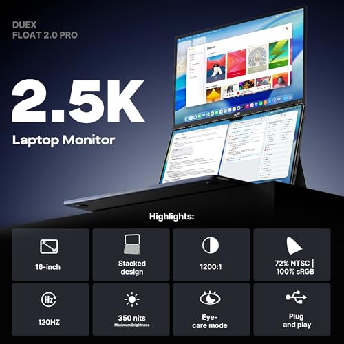 Image of New Mobile Pixels Duex Float 2 Pro 2.5 K Portable Monitor, 16 inch Laptop Screen Extender (Built-in Kickstand), USB C /HDMI Stacked Monitor Extender with Dual Speakers, Windows, MacOS, Switch, Android