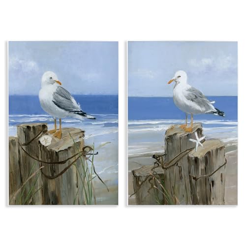 Image of 'Seagulls Beach Shore Wooden Pillars'| 2pc Wall Plaque Art Set