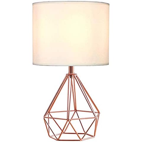 GLANZHAUS Modern Style Decorative Golden Metal Base Living Room Bedroom Bedside Table Lamp,Geometri Cmetal Cage Table Lamps with White Fabric Lampshade Cover