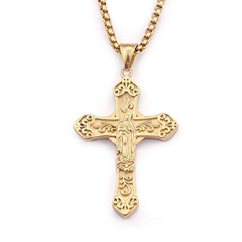 LKITYGF Chic Male Carving Cross Pendant Retro Color Gold Stainless Steel Religion Virgin Mary Cross Pendant Jewelry for Men Necklace