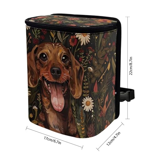 Image of Talayituse Dachshund Daisy Flower Print Car Trash Can with Adjustable Straps, Foldable Car Trash Bag Bin Car Garbage Bag Multipurpose Storage Box for Vehicle Travel Camping Picnicing
