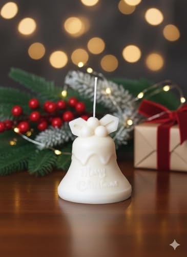 Image of Festive Bell-Shaped Soy Wax Christmas Candle, White, Holiday Theme Decor, Scented, Handcrafted Design with Decorative Bow Detail Shaped Christmas Candle